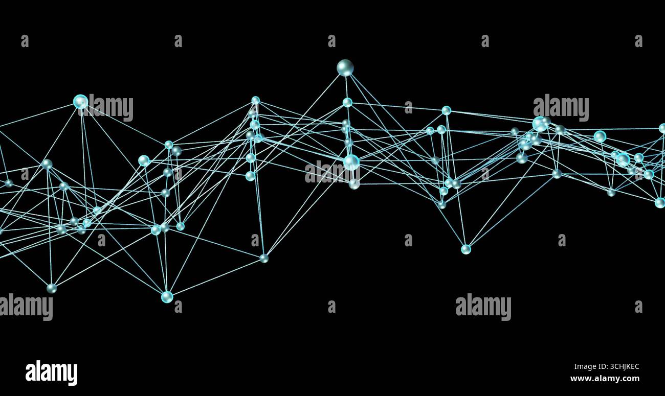 Displaying glowing spheres network forming web-like structure in digital space, with thin lines Stock Photo