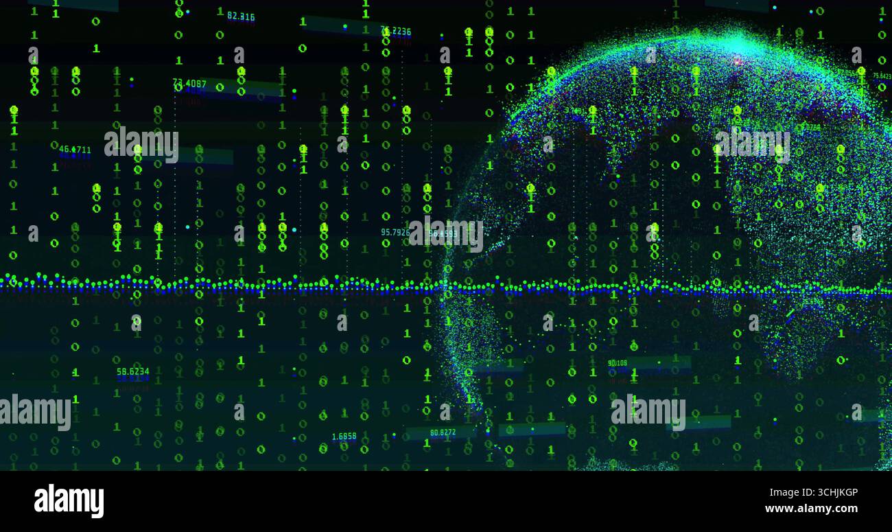 Emerging globe in code field, with binary digits, numeric overlays and light blue band, copy space Stock Photo