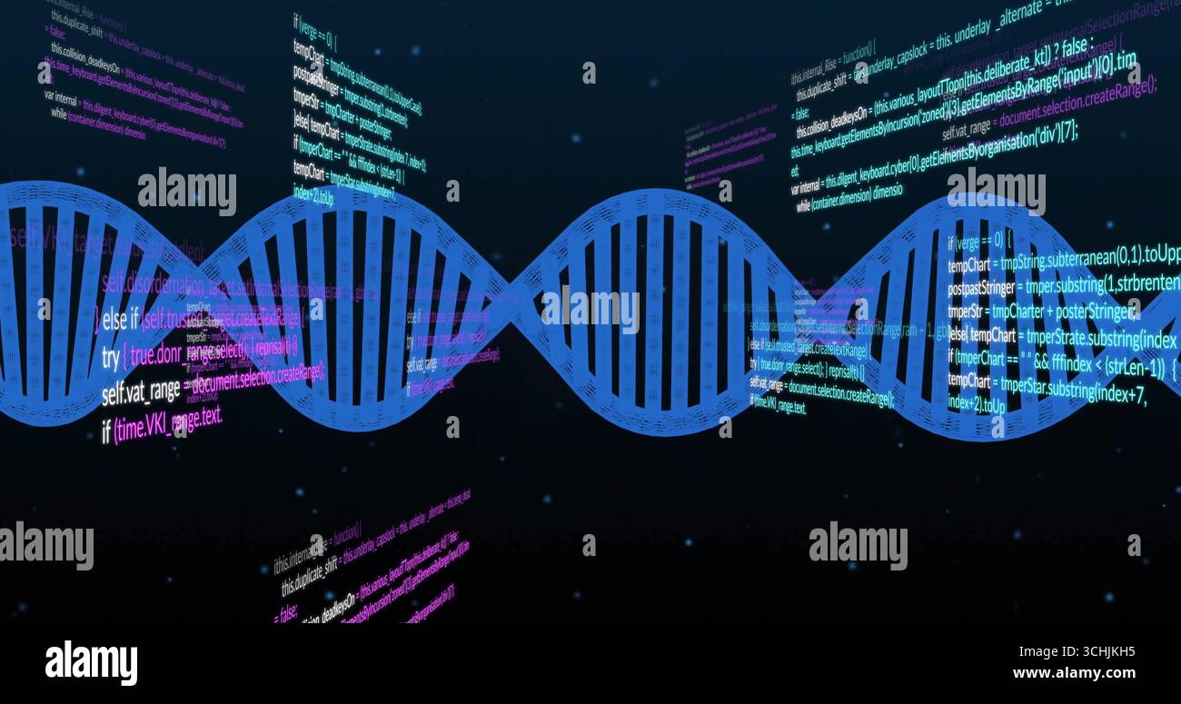 Showing blue DNA helix floating in abstract digital environment, with ...