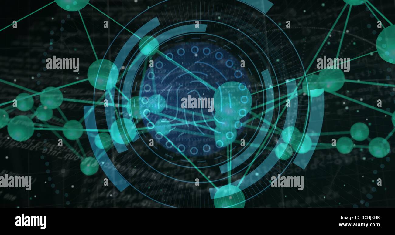 Displaying central circular HUD element spinning in cyberspace, with rings, nodes and code overlay Stock Photo