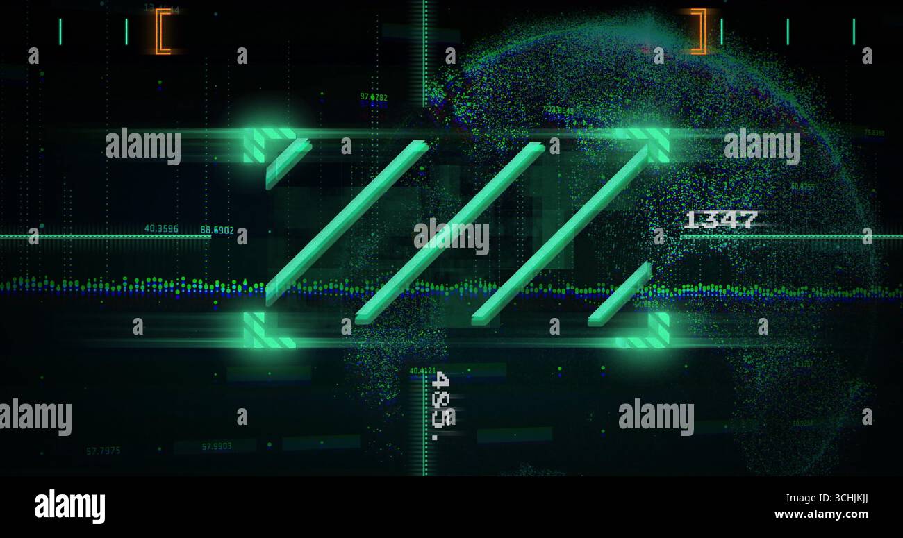 Displaying three glowing green bars on display, featuring waveform data, numeric readouts and globe Stock Photo