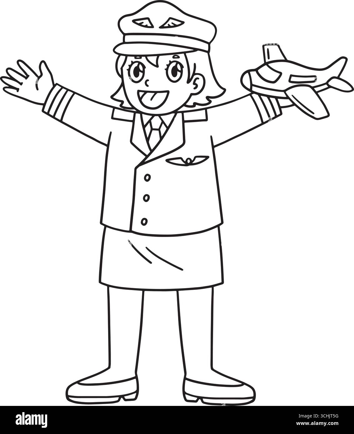 Female Pilot Holding a Toy Plane Isolated Coloring Stock Vector