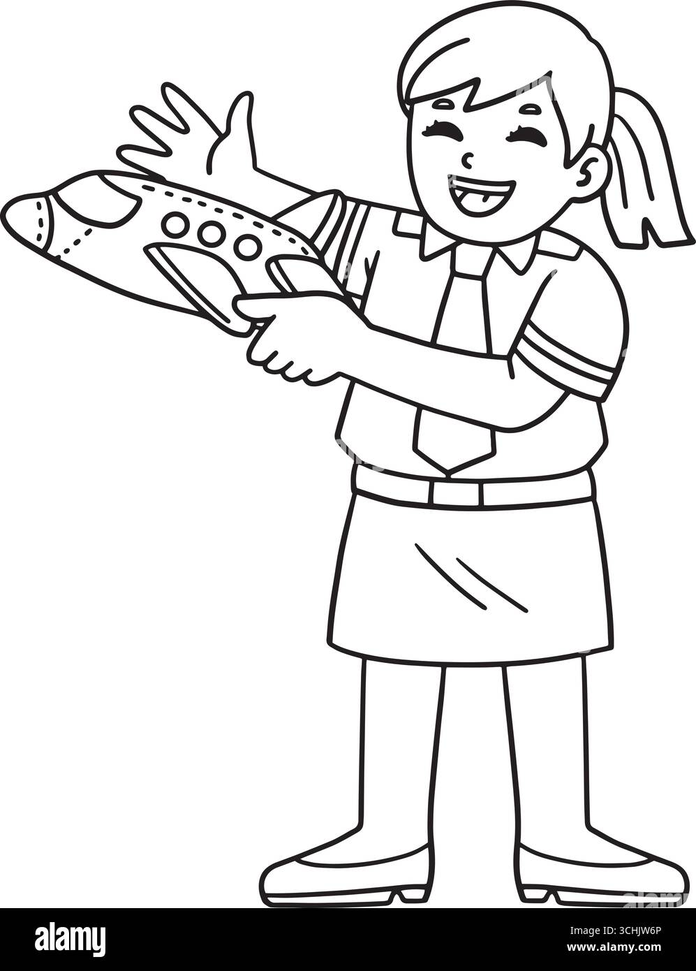 Female Pilot with Toy Plane Isolated Coloring Page Stock Vector