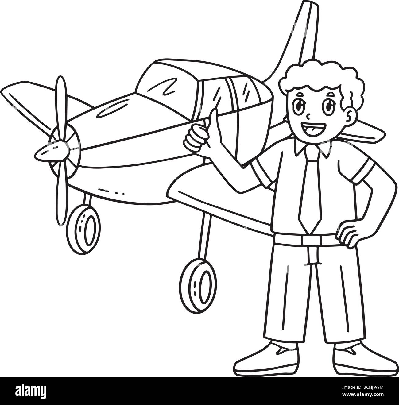Male Pilot In Front of a Plane Isolated Coloring  Stock Vector