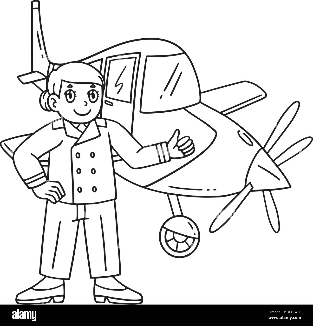 Female Pilot In Front of a Plane Isolated Coloring Stock Vector
