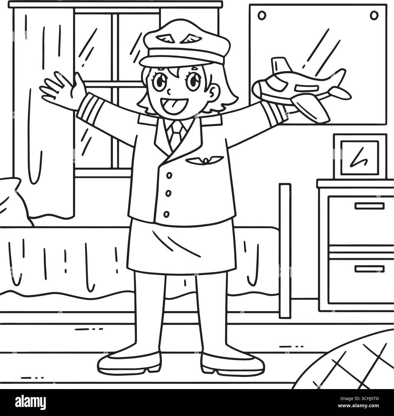 Female Pilot Holding a Toy Plane Coloring Page  Stock Vector