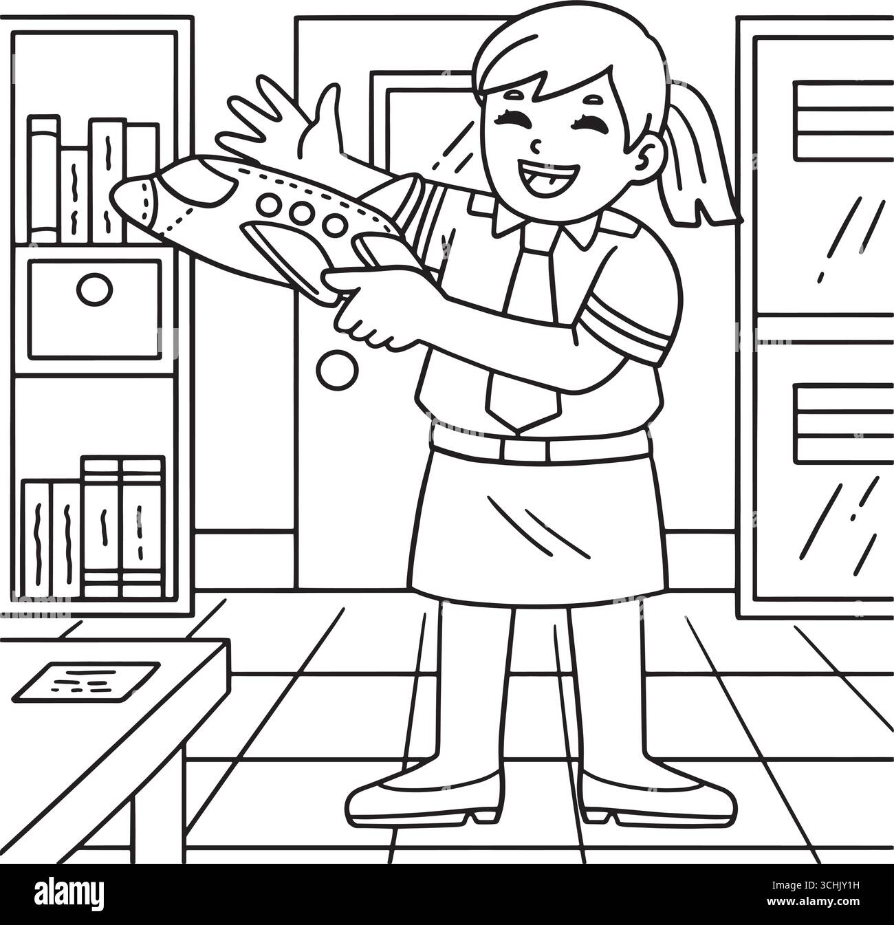 Female Pilot with Toy Plane Coloring Page for Kids Stock Vector