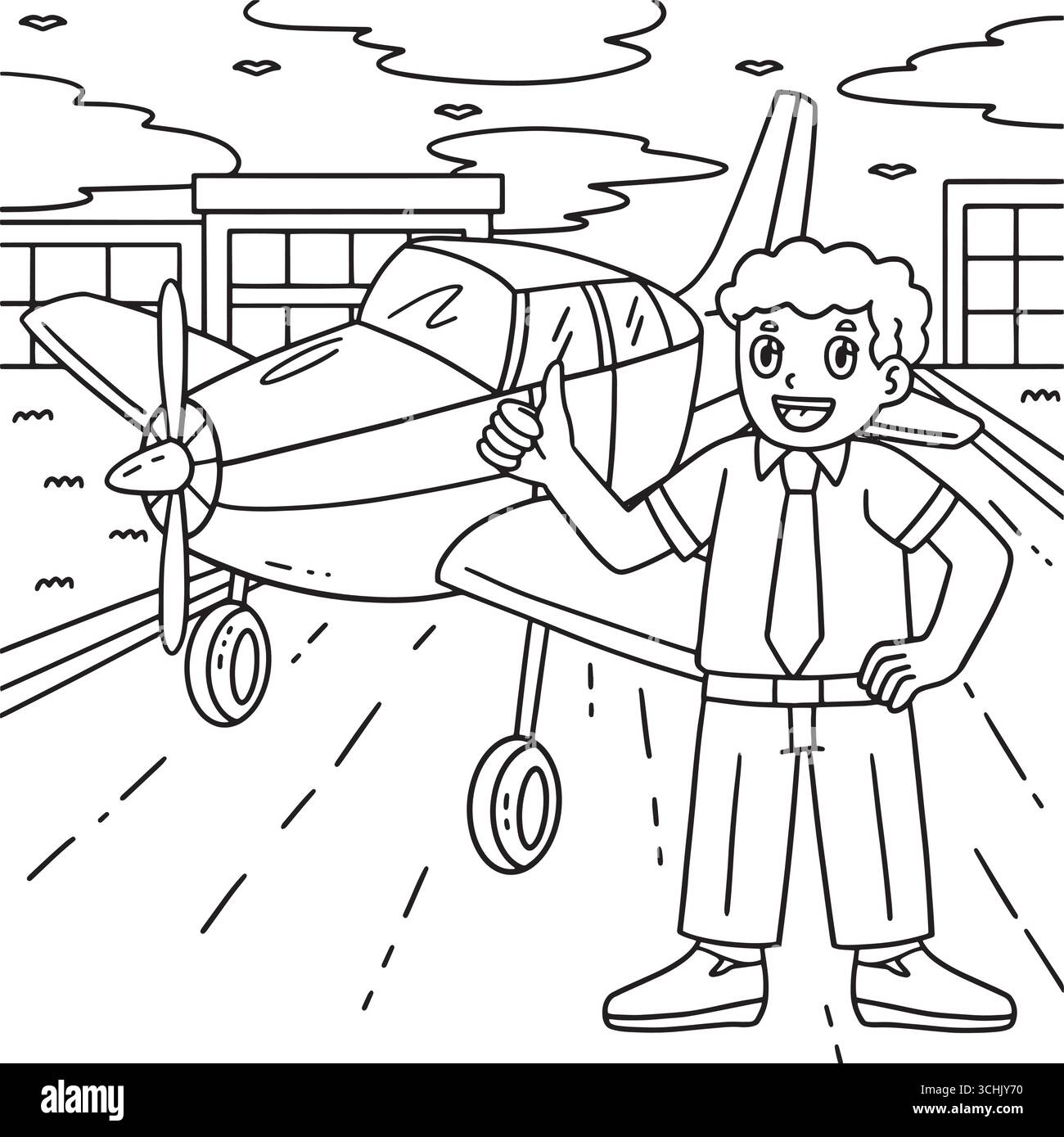 Male Pilot In Front of a Plane Coloring Page  Stock Vector