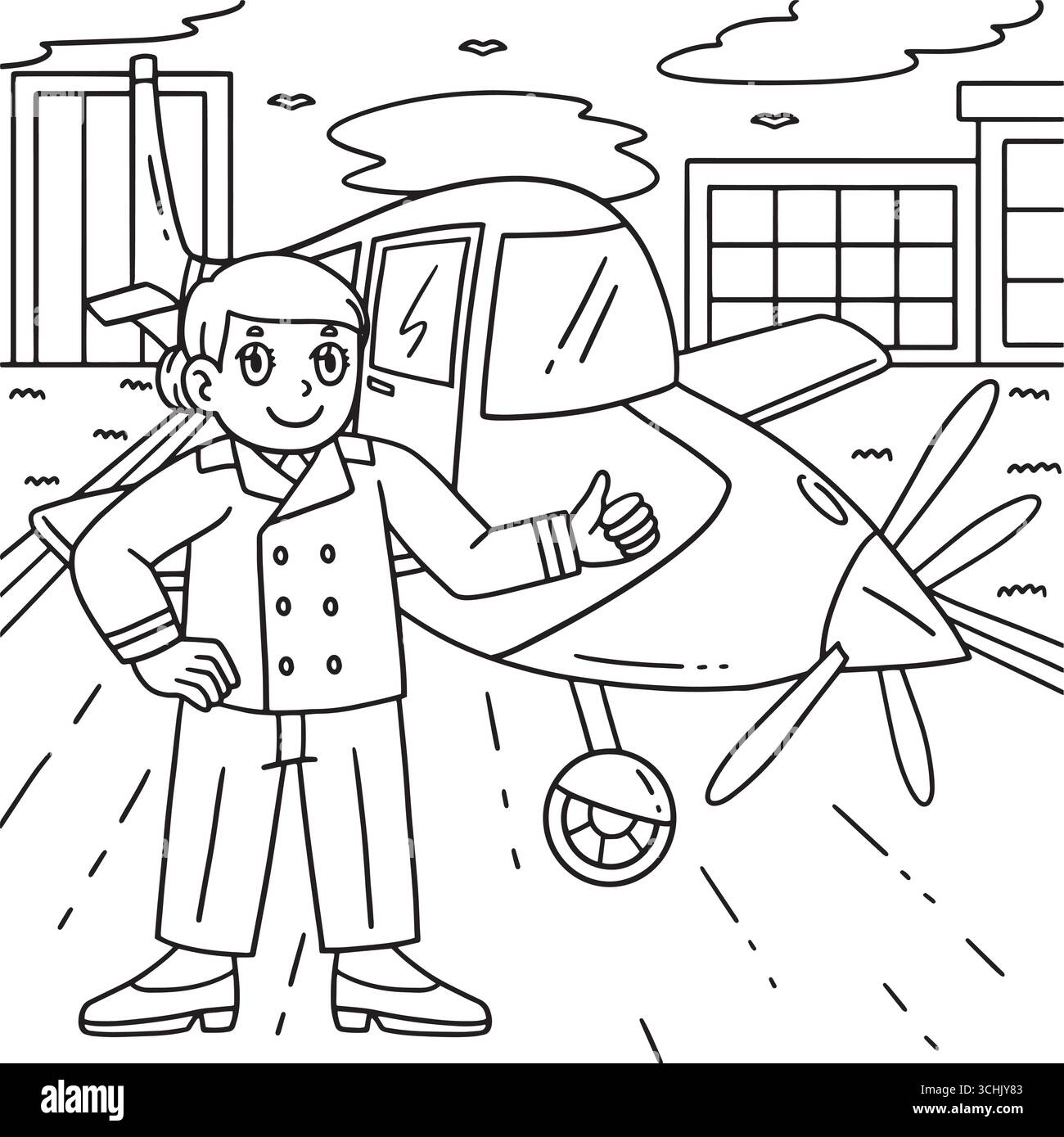 Female Pilot In Front of a Plane Coloring Page  Stock Vector
