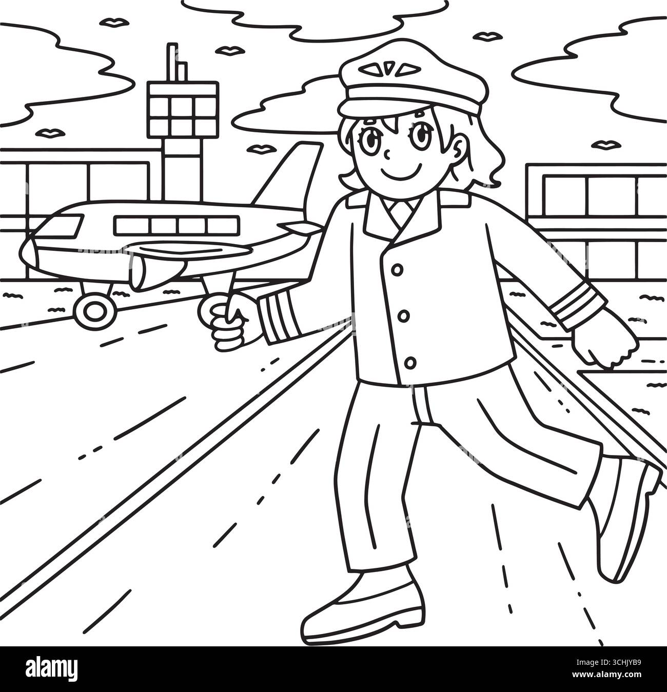 Female Pilot Running towards the Plane Coloring  Stock Vector
