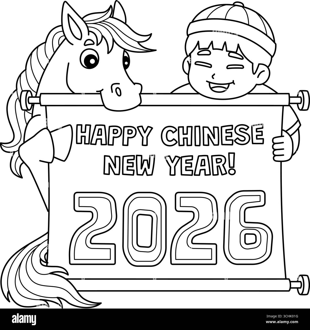 year of the horse happy chinese new year banner 3CHK01G line drawing happy new year hi-res stock photography and images
