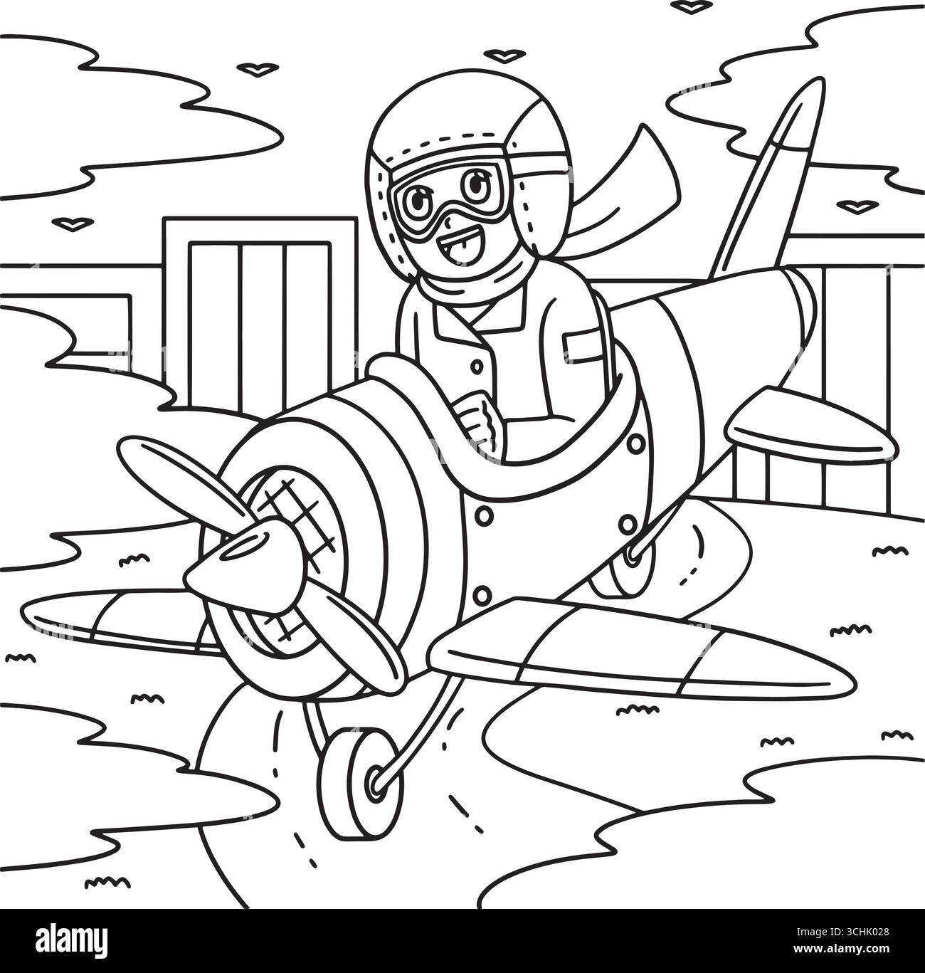 Male Pilot on a Plane Coloring Page for Kids  Stock Vector
