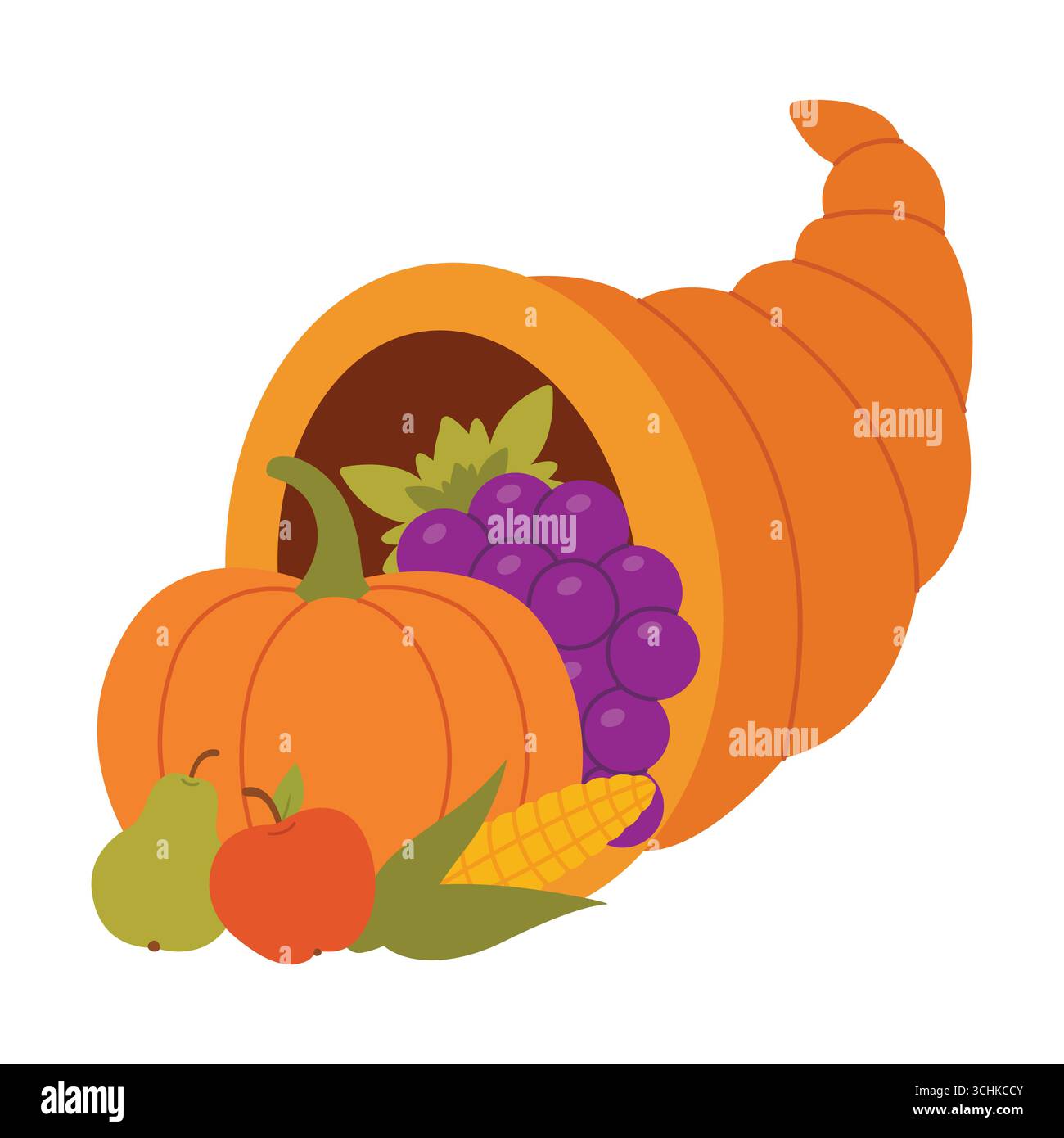 Cornucopia. Thanksgiving design. Isolated white background. Flat style vector illustration. Stock Vector