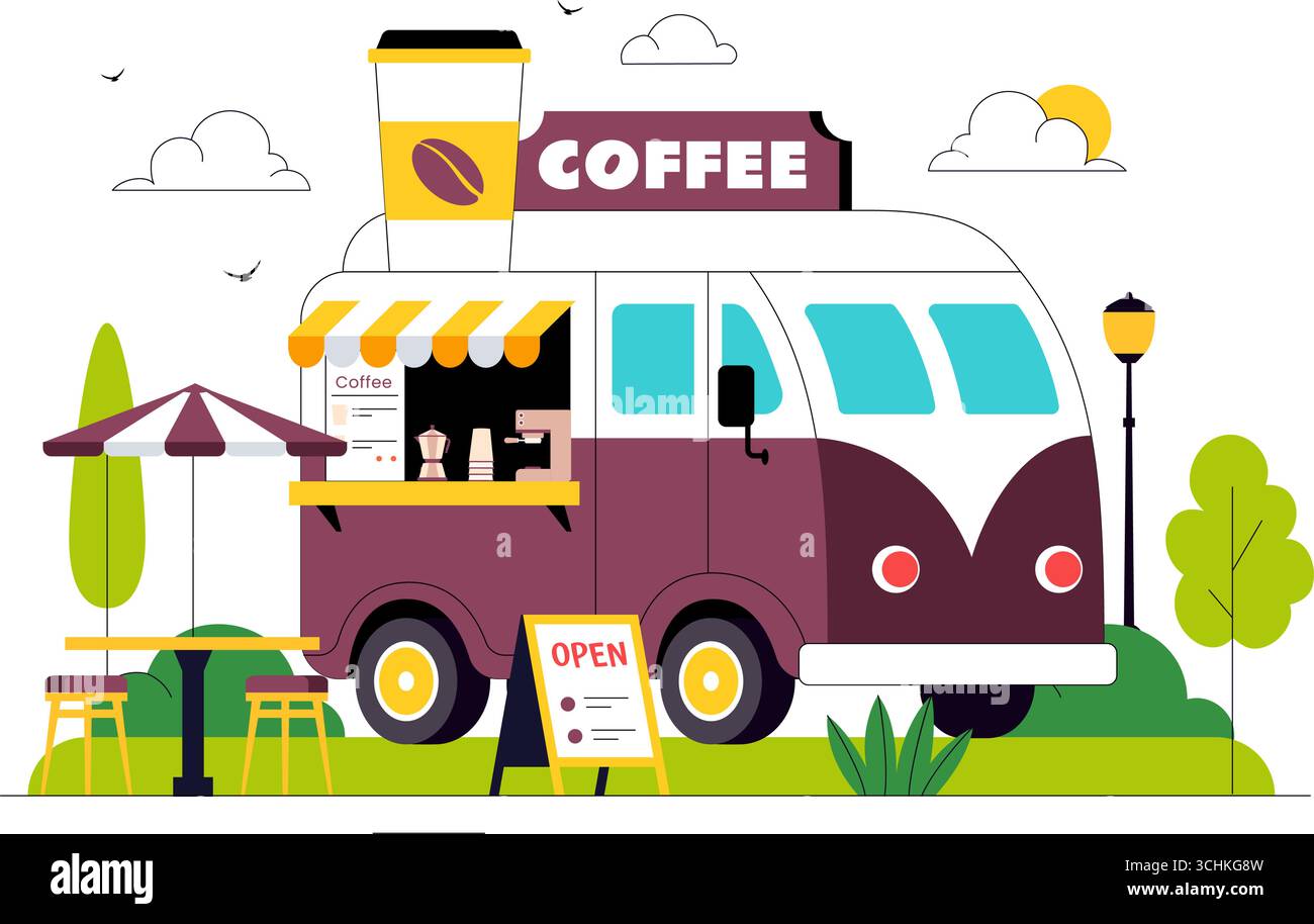 Food Truck Vector Illustration featuring Outdoor Street Vendors Serving ...
