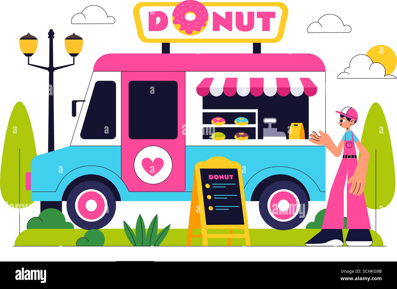 Food Truck Vector Illustration featuring Outdoor Street Vendors Serving ...