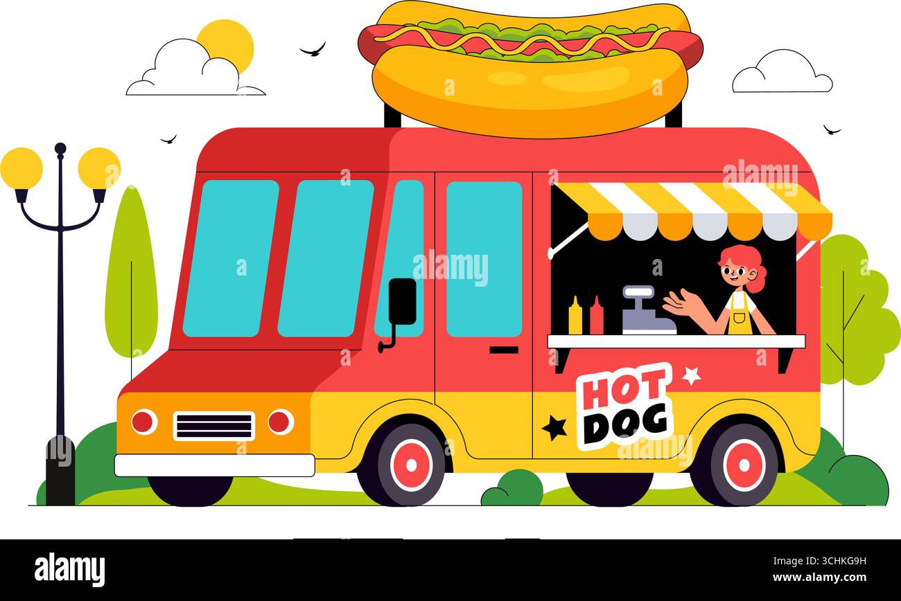 Food Truck Vector Illustration featuring Outdoor Street Vendors Serving ...