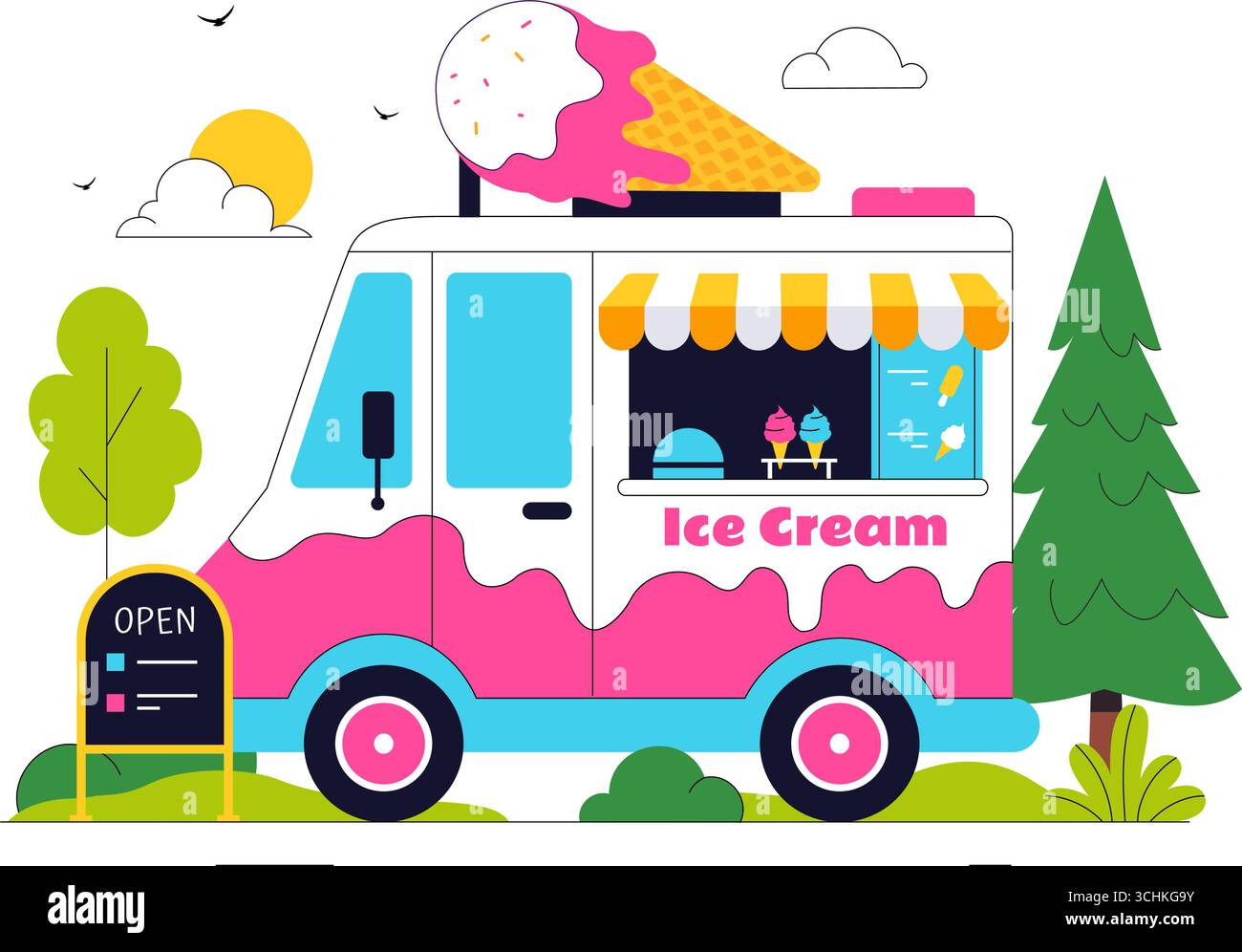 Food Truck Vector Illustration featuring Outdoor Street Vendors Serving ...