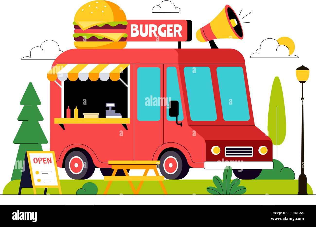 Food Truck Vector Illustration featuring Outdoor Street Vendors Serving ...
