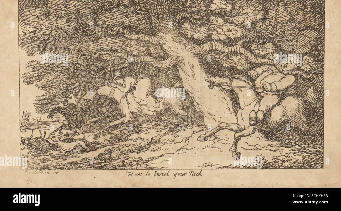 A corpulent gentleman rider catching his neck on a low-hung branch riding in the woods. A woman rider ducks under a bough after the hounds in a fox hunt. How to twist your neck. Copperplate engraving drawn and etched by Thomas Rowlandson from Advice to Sportsmen, Thomas Tegg, London, 1809, by Marmaduke Markwell (pseudonym). Stock Photo