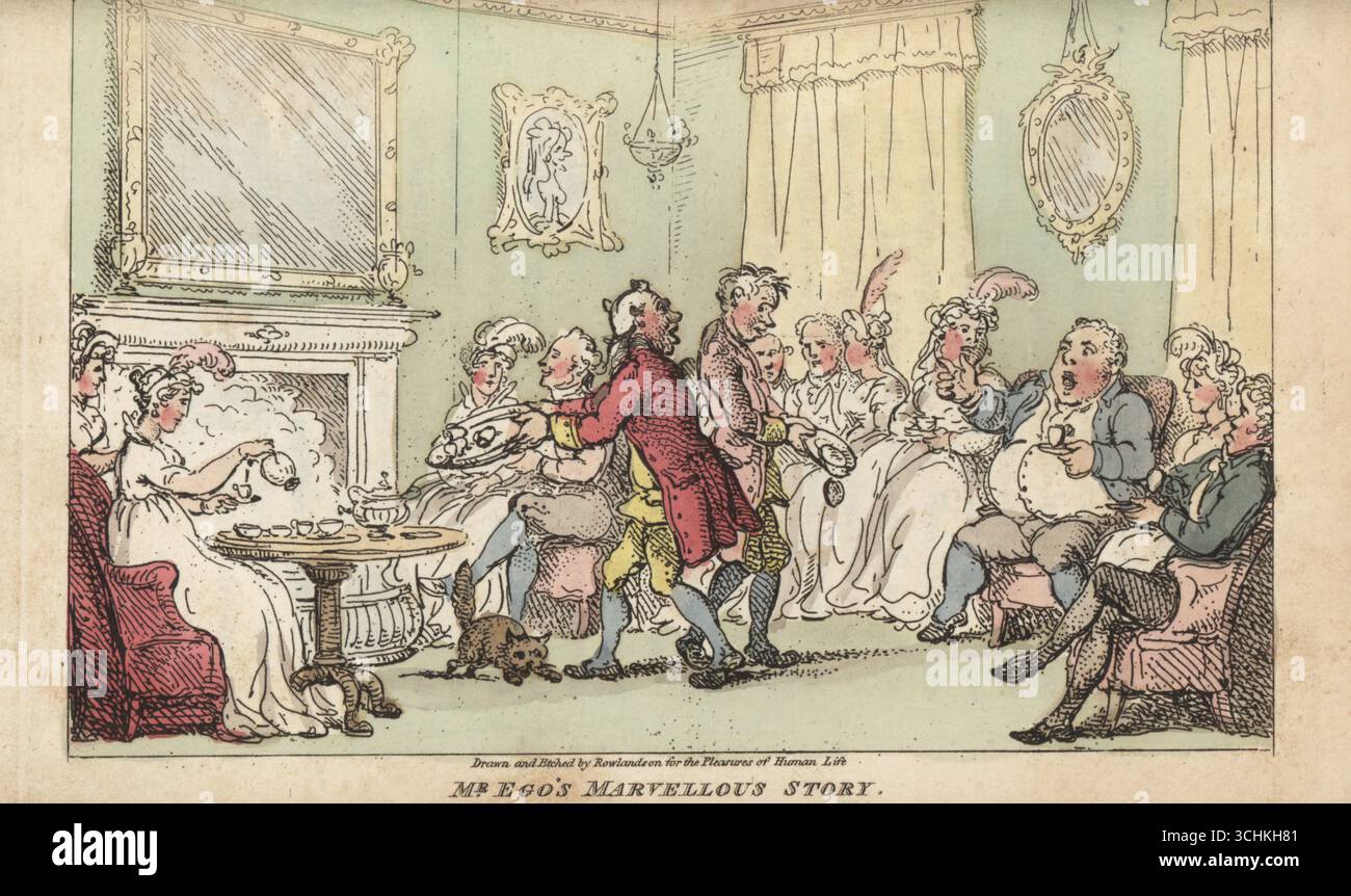 Two servants dropping dishes at a fashionable tea party in a Regency salon. A corpulent gentleman tells a story to other guests as the staff drop cakes and cups on the carpet. A lady in a plumed headdress pours milk into a teacup before the fireplace. Mr Ego's Marvellous Story. Handcoloured copperplate engraving drawn and etched by Thomas Rowlandson from The Pleasures of Human Life, Longman, Hurst, Rees and Orme, London, 1807, by Hilaris Benevolus (pseudonym of John Britton, English antiquary, topographer, author and editor, 1771-1857). Stock Photo