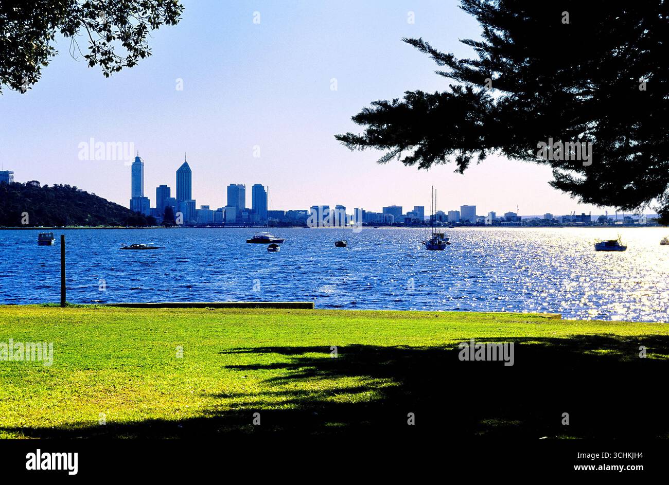 View across the Swan River from  Matilda Bay to Perth City Skyline, Perth, Western Australia Stock Photo