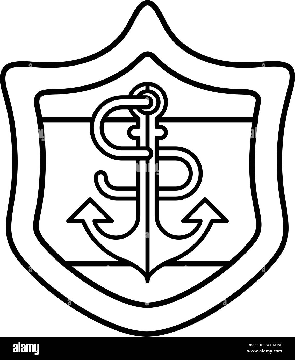 A black and white drawing of a shield with a large anchor on it. The ...