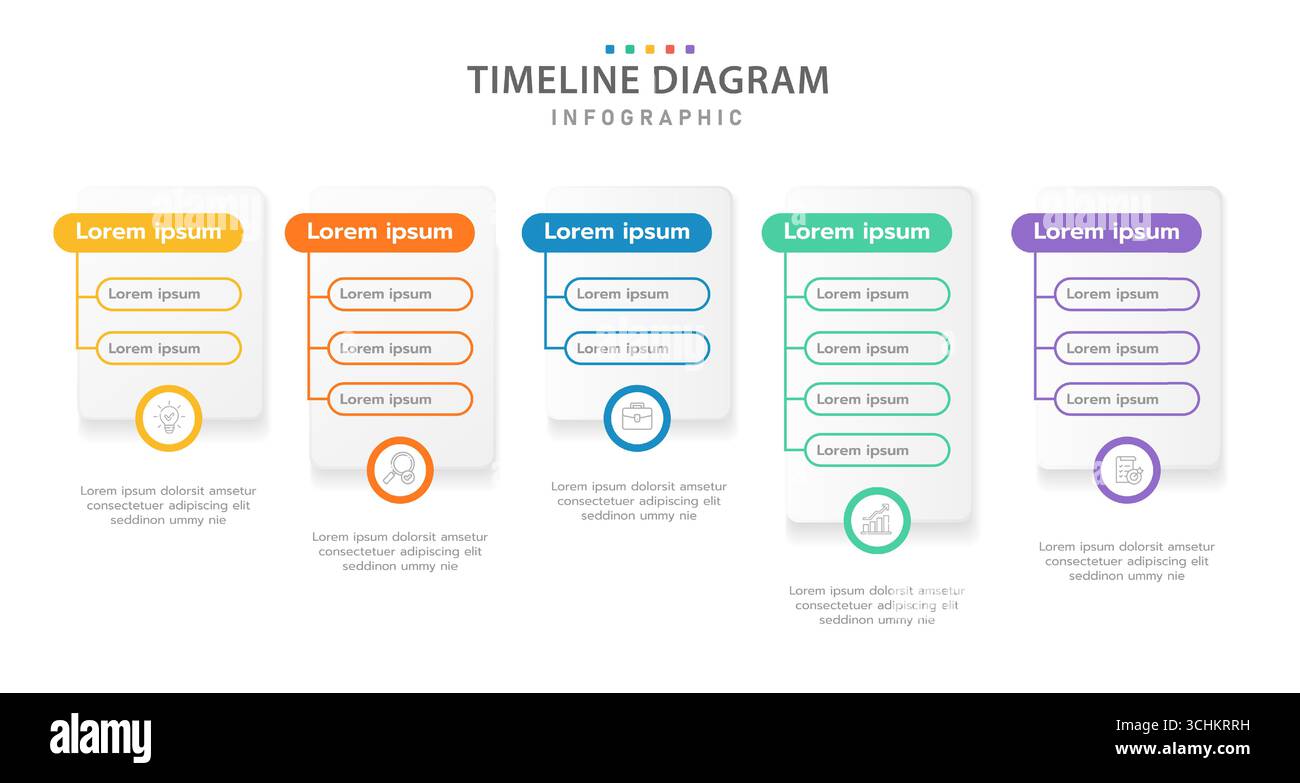 Infographic template for business. 5 Steps Modern Timeline diagram with arrow and topic, presentation vector infographic timeline. Stock Vector
