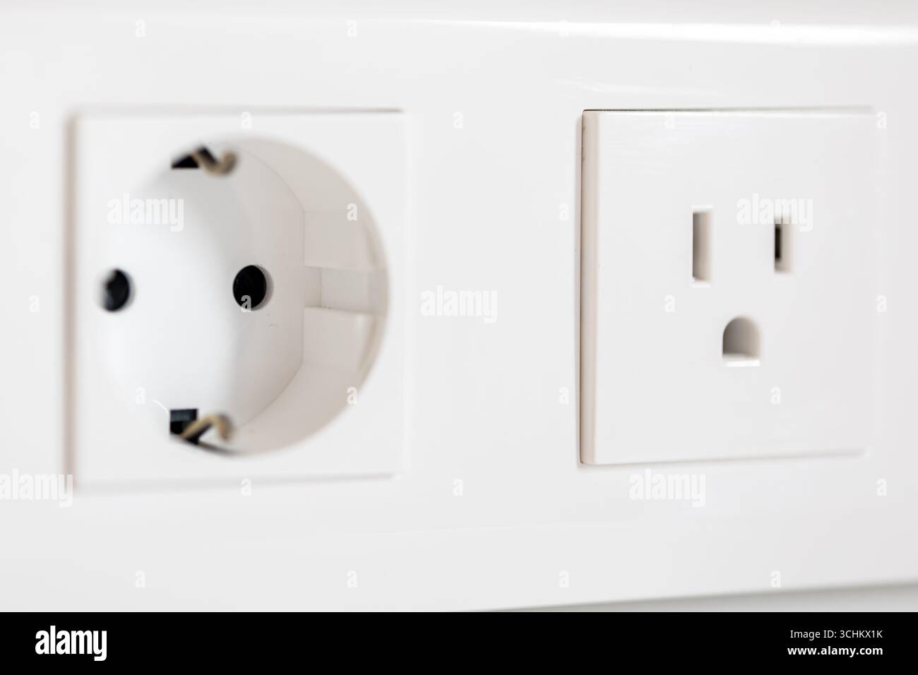 EU and US outlets. Minimal wall. Modern electrics Stock Photo