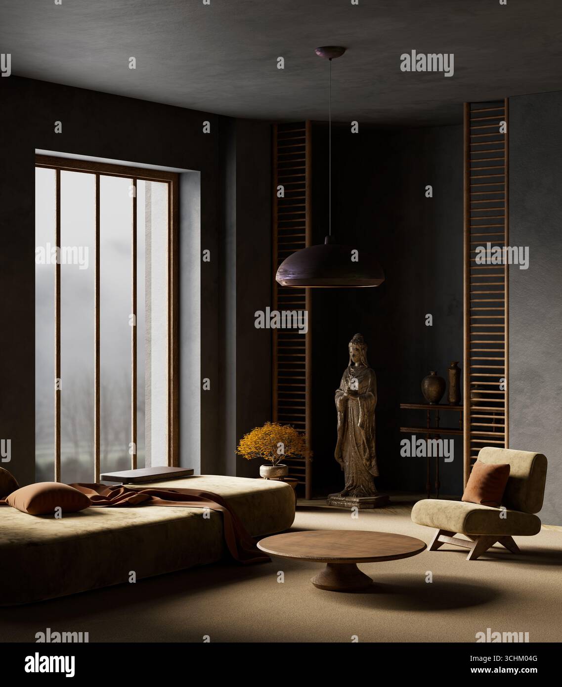 View of A serene living room interior in Japandi style, blending dark tones ...