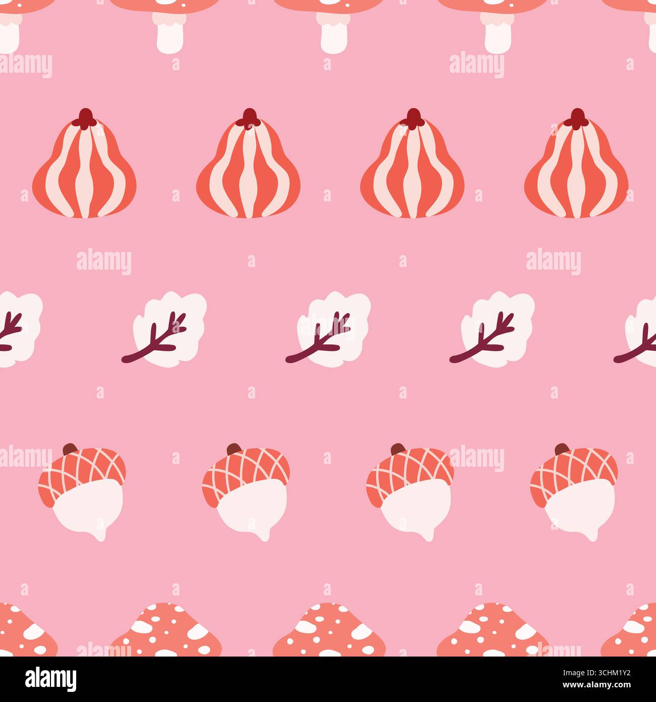 Pink Autumn Acorns Mushrooms Leaves Pattern Stock Vector