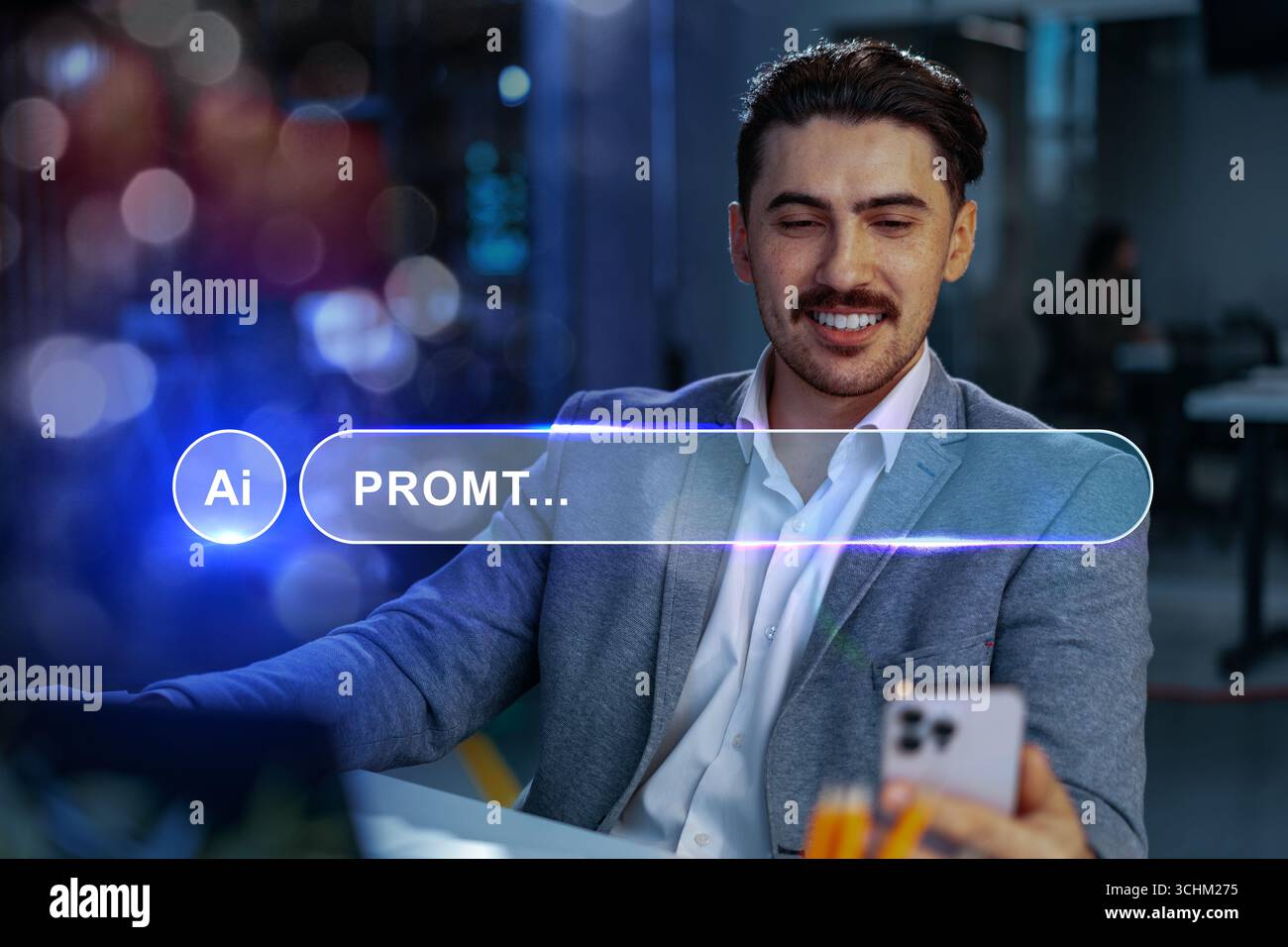Man using smartphone with AI interface in modern office setting during evening hours Stock Photo