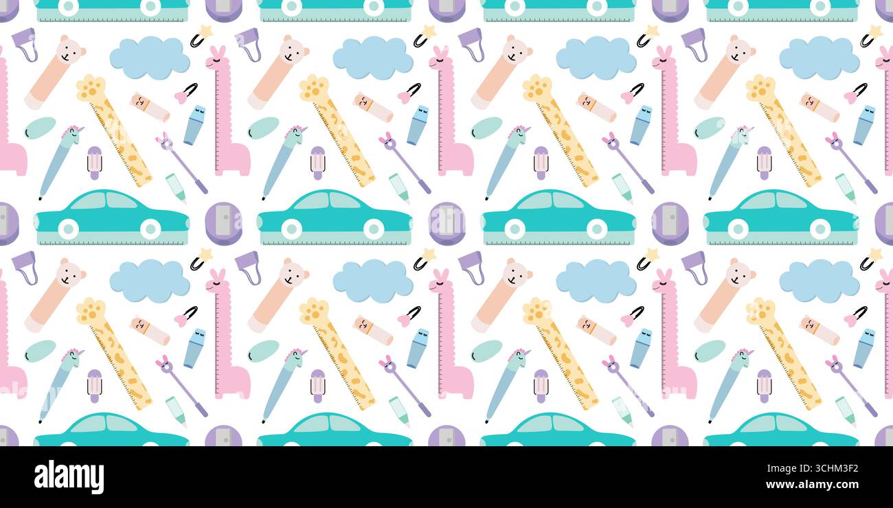 Kawaii school supplies seamless pattern Stock Vector
