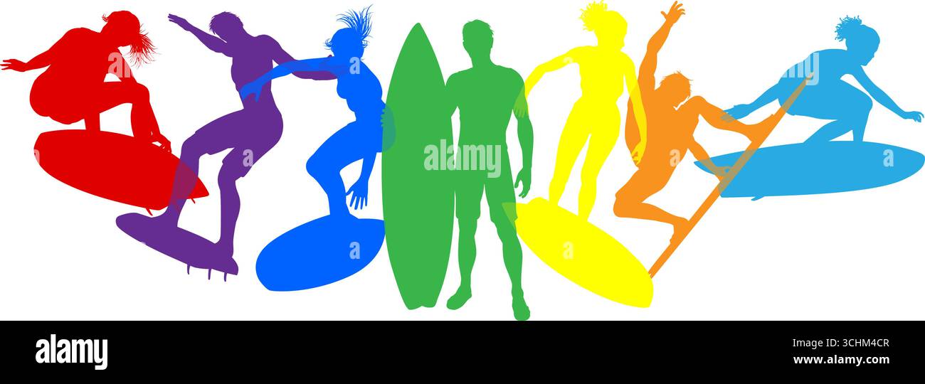 Surfer Surfboard Surfers Male Female Silhouettes Stock Vector Image ...