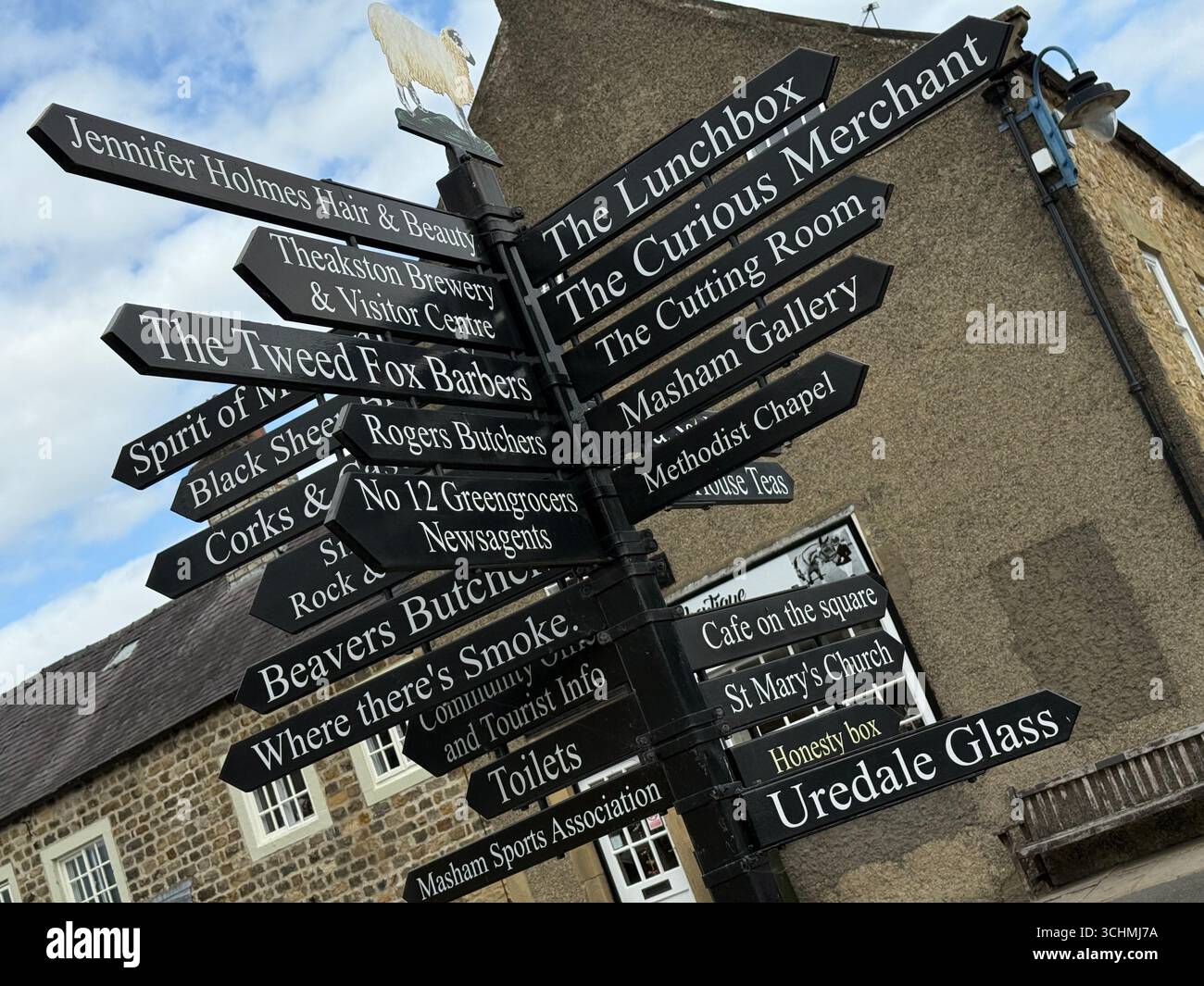 A street sign with all signs pointing to points of interest within the small centuries old market town of Mashsam on the edge of the Yorkshire Dales - Smartphone Captured Stock Image