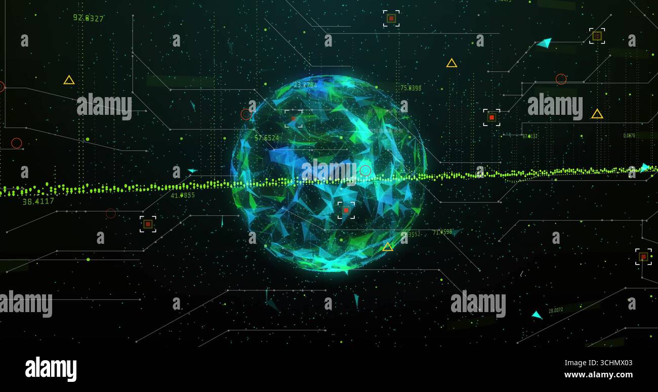 Displaying wireframe sphere with green and blue triangles on interface with waveform and numbers Stock Photo