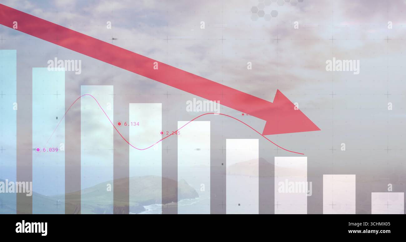 Displaying bar chart overlaying cloudy sea, with red descending arrow, curved line graph and labels Stock Photo