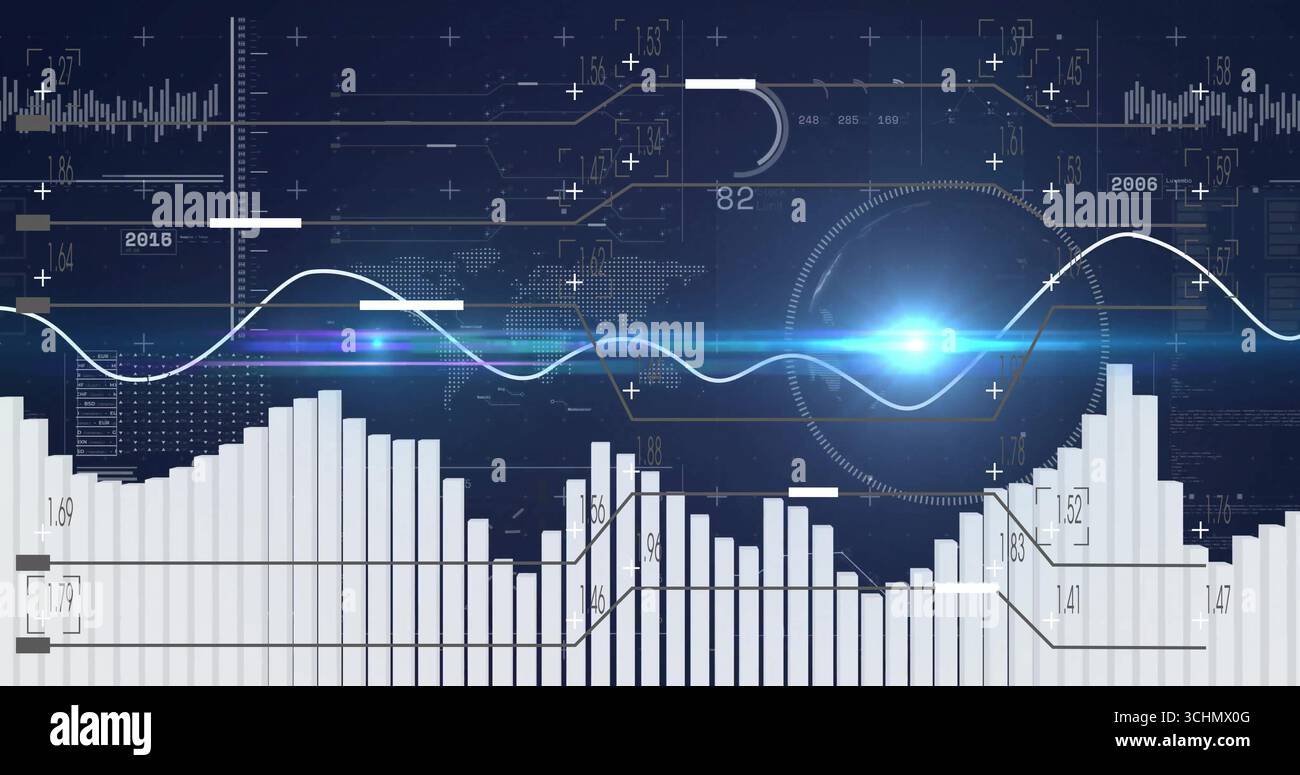Displaying circular HUD element with blue flare on dashboard, with bar chart and line graph Stock Photo