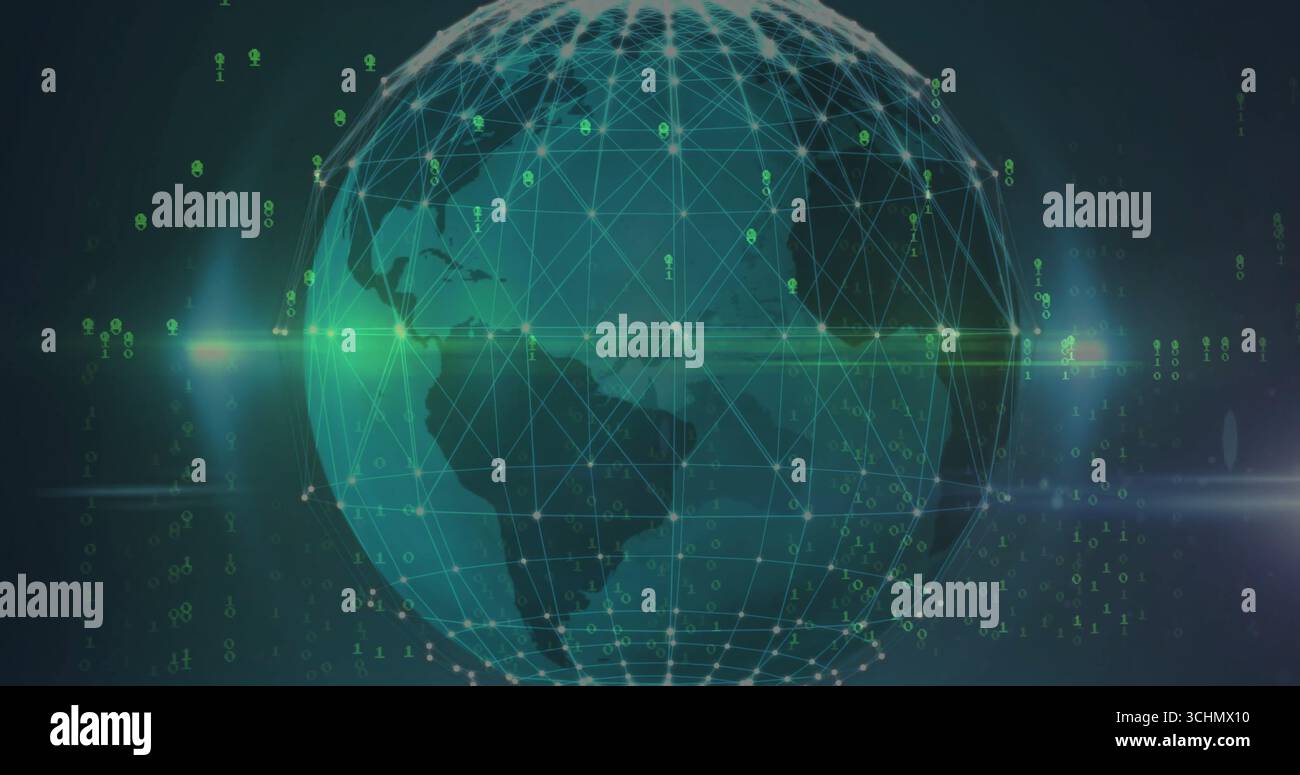 Spinning digital globe showing network grid in digital scene with green binary code, lens flare Stock Photo