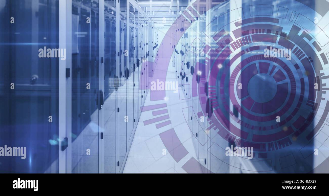 Displaying rows of server cabinets lining data center corridor, with holographic interface overlay Stock Photo