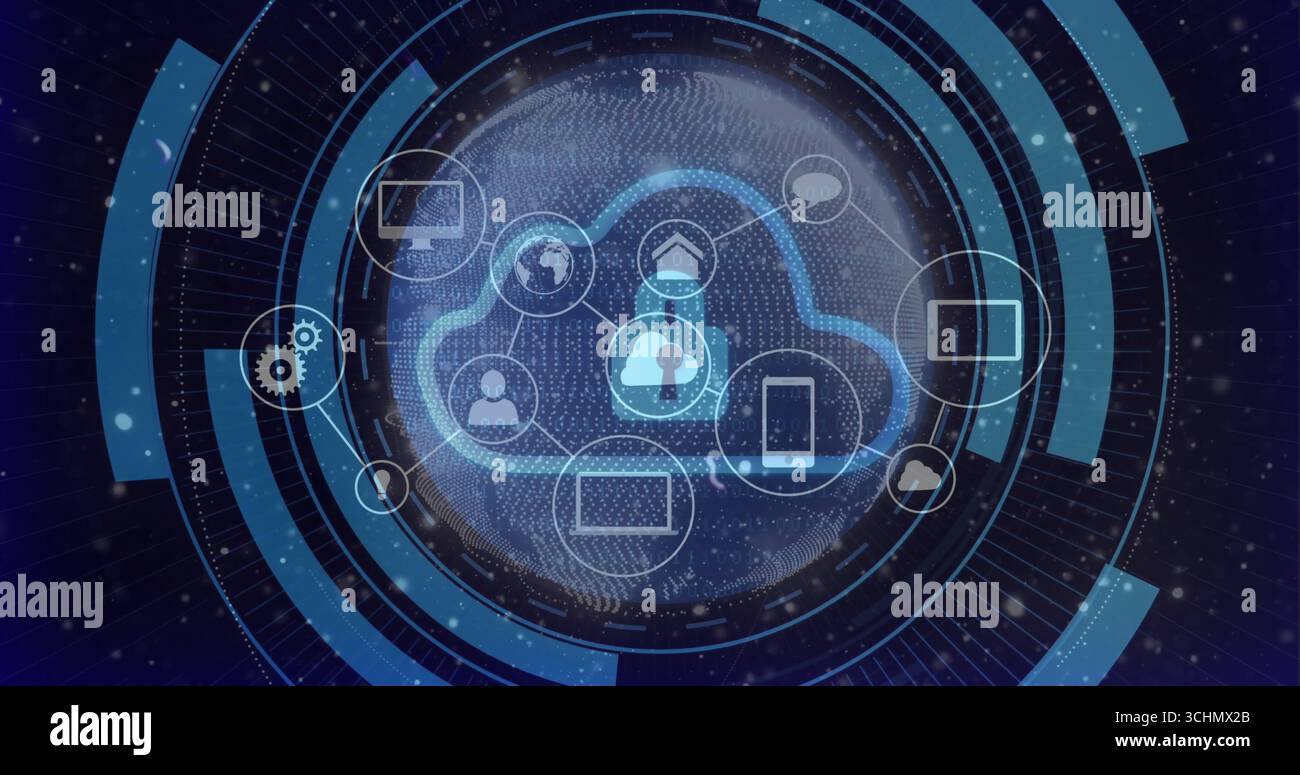 Displaying secure cloud padlock network graphic in data interface, with device and globe icons Stock Photo