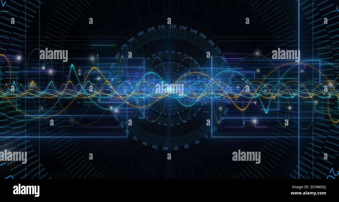 Displaying multicolor waveform streaming in control panel with numeric scales, translucent overlays Stock Photo