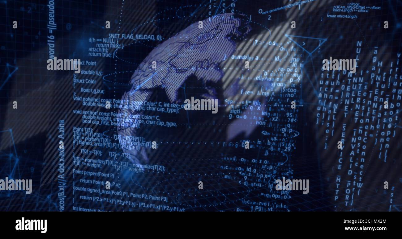 3D globe rotating in virtual interface, with grid mesh, floating code and data streams Stock Photo