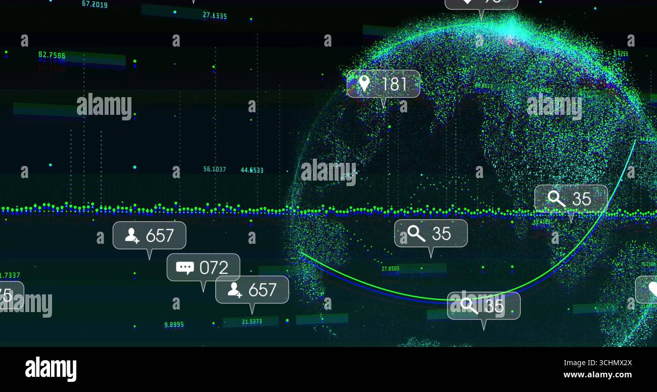 Displaying stylized data globe in virtual dashboard, with floating metric callouts and dot stream Stock Photo