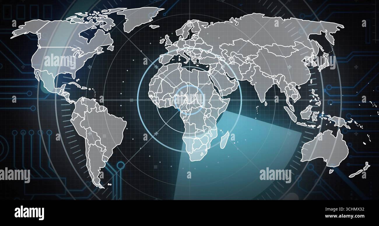 Displaying world map sweeping under scanning beam in console, with ...
