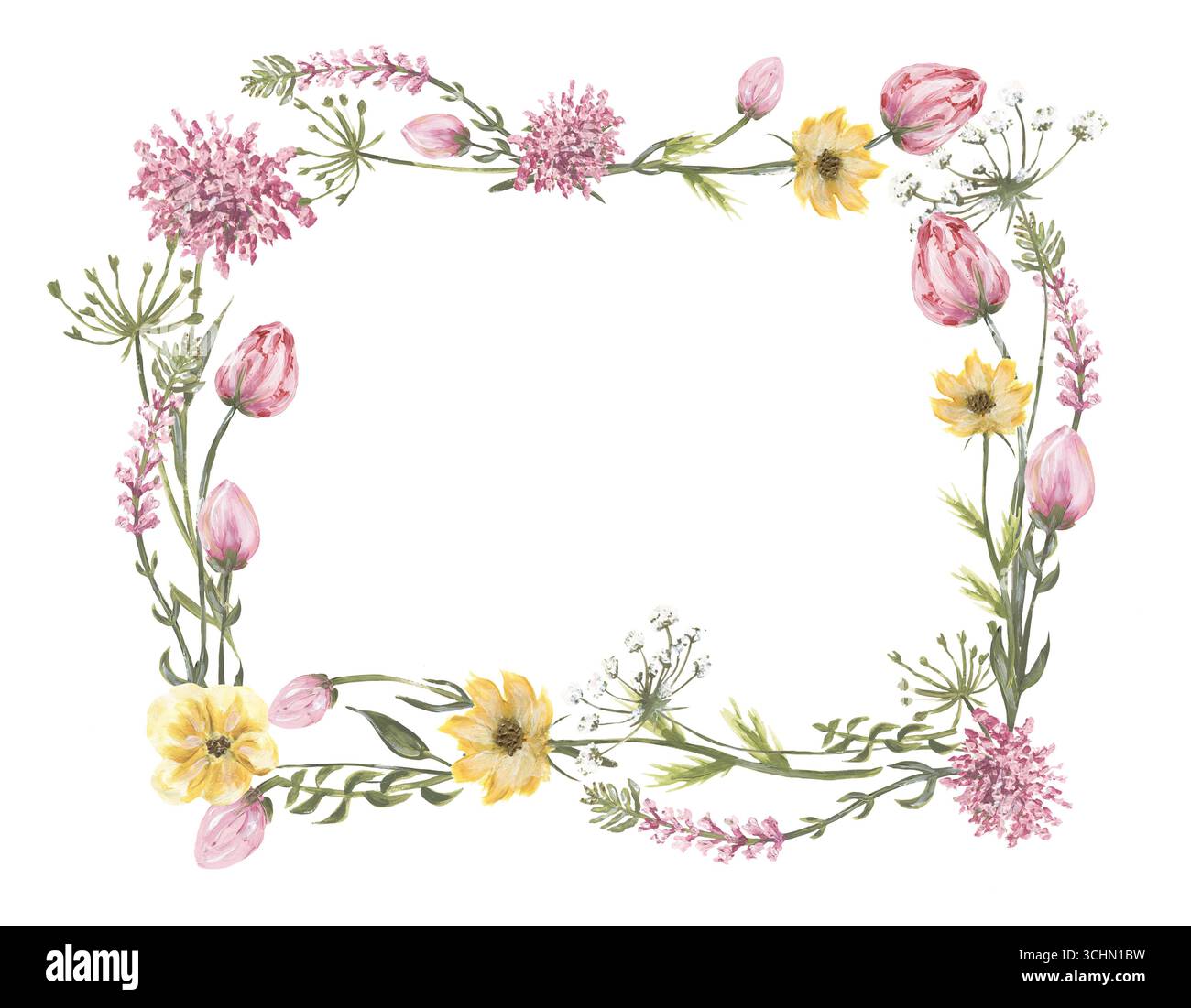 Watercolor pink wildflowers wreathillustration, meadow florals border, field flowers arrangement Stock Photo