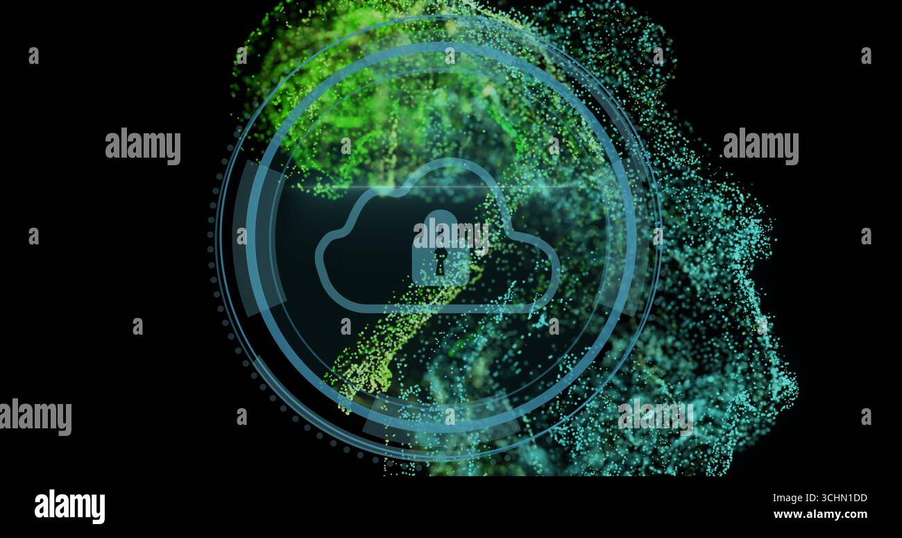 Animating cloud icon with padlock within concentric circles in void, emitting green teal particles Stock Photo