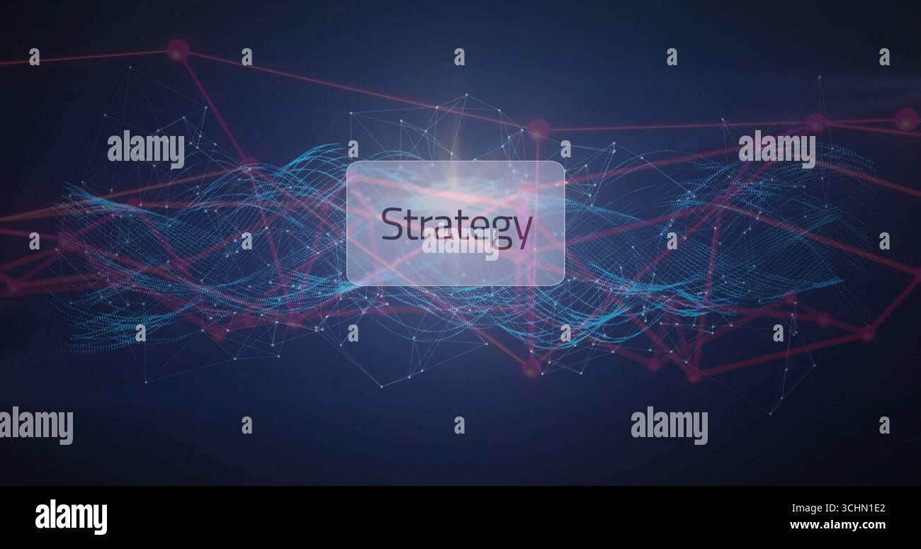 Displaying translucent panel highlighting Strategy in digital network, with glowing nodes and lines Stock Photo