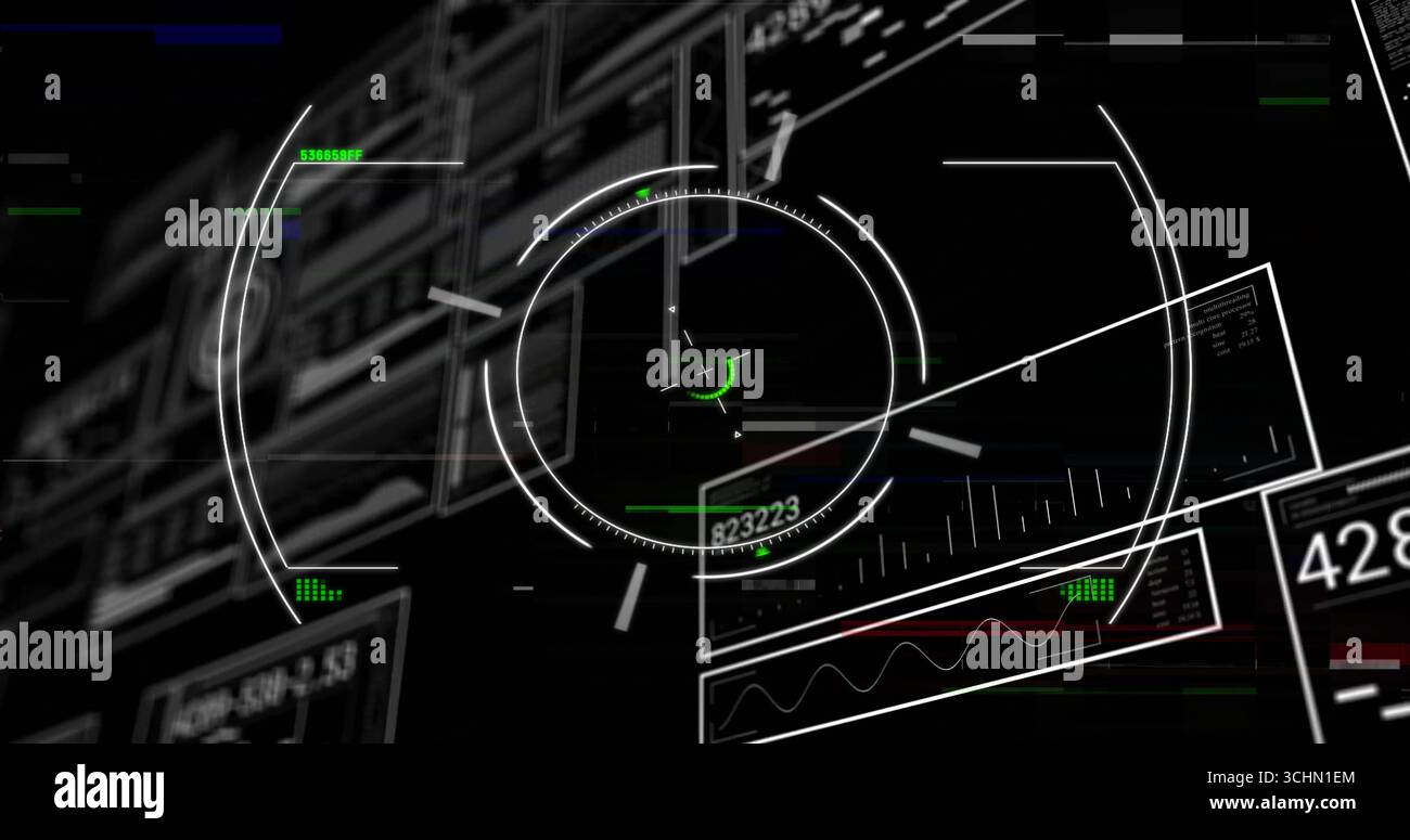 Displaying central circular reticle and crosshair on virtual interface, with angled data panels Stock Photo