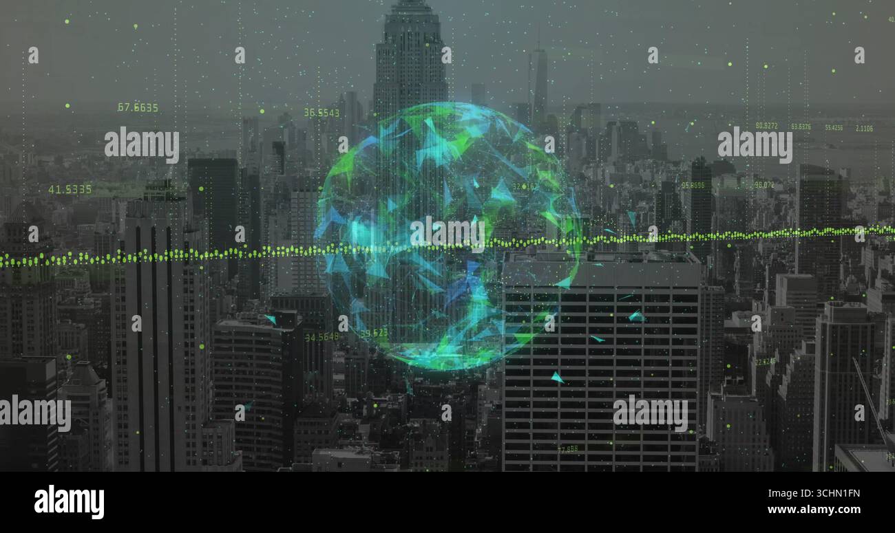Hovering holographic globe streaming data points over urban skyline, with neon waveform and codes Stock Photo