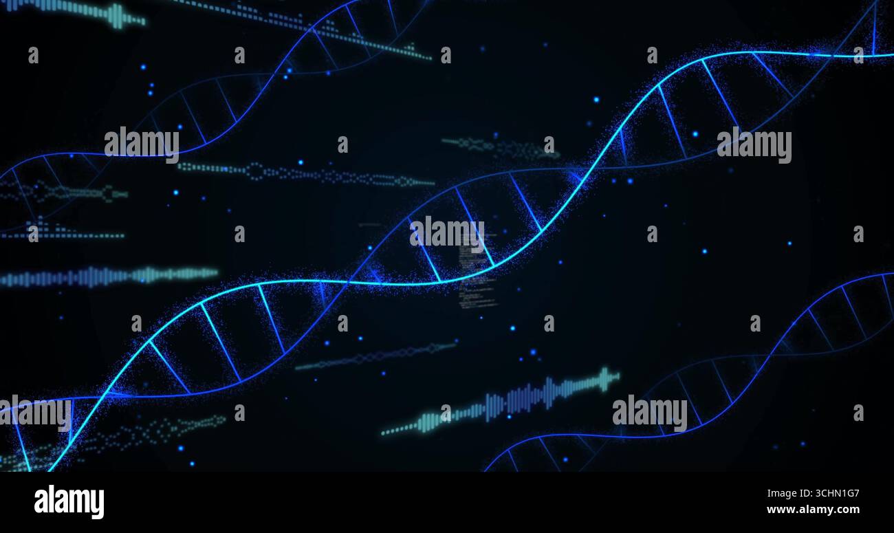Displaying neon blue DNA helix twisting in data space, with cyan waveforms and pixel sequences Stock Photo